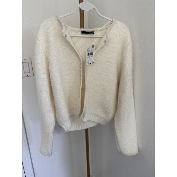 Mango CONTRAST TRIMS CARDIGAN Alpaca-blend Ivory Hook Women’s XXL NEW - Picture 2 of 7